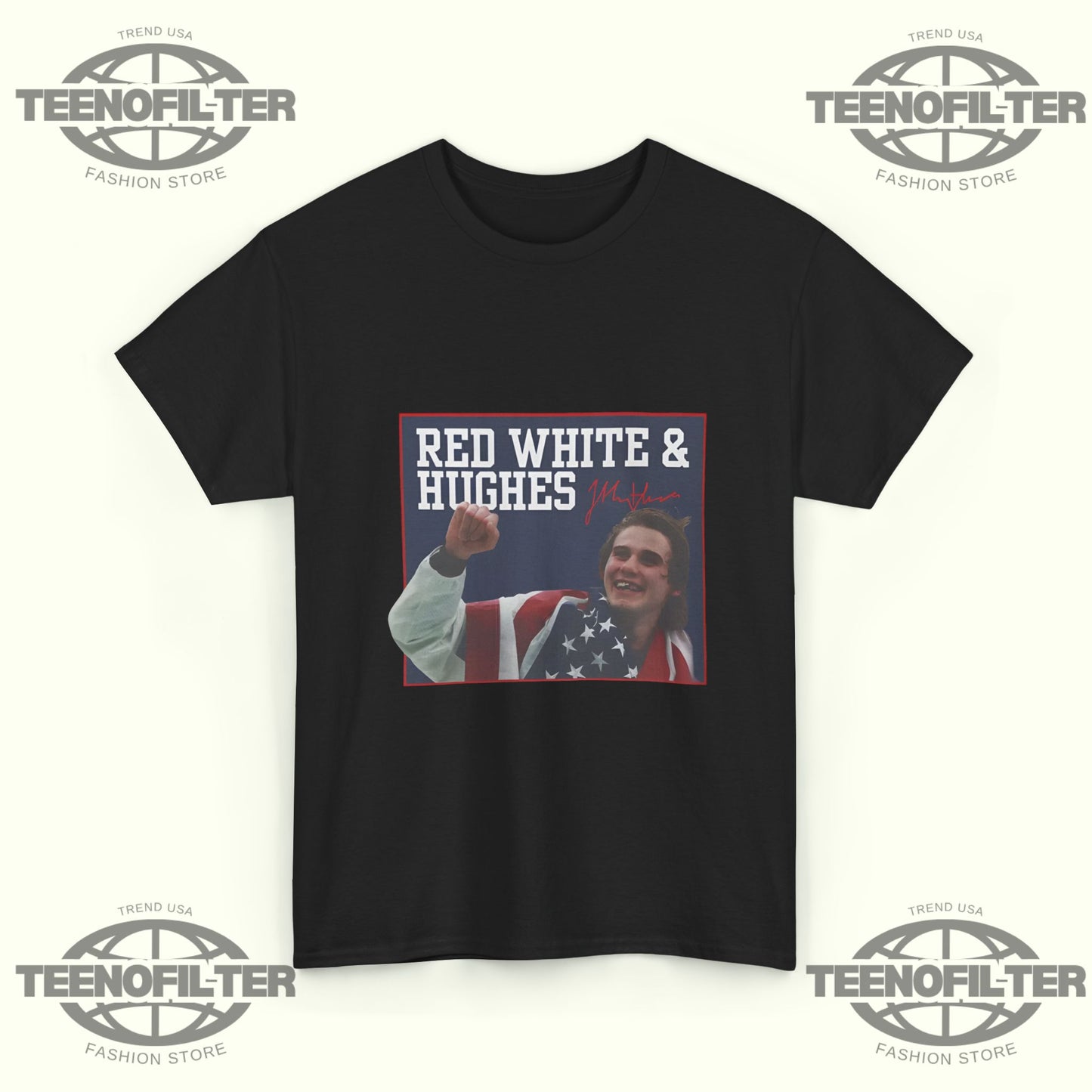 USA Hockey Red, White & Hughes Gold Medal Overtime Hero T-Shirt - Tee No Filter