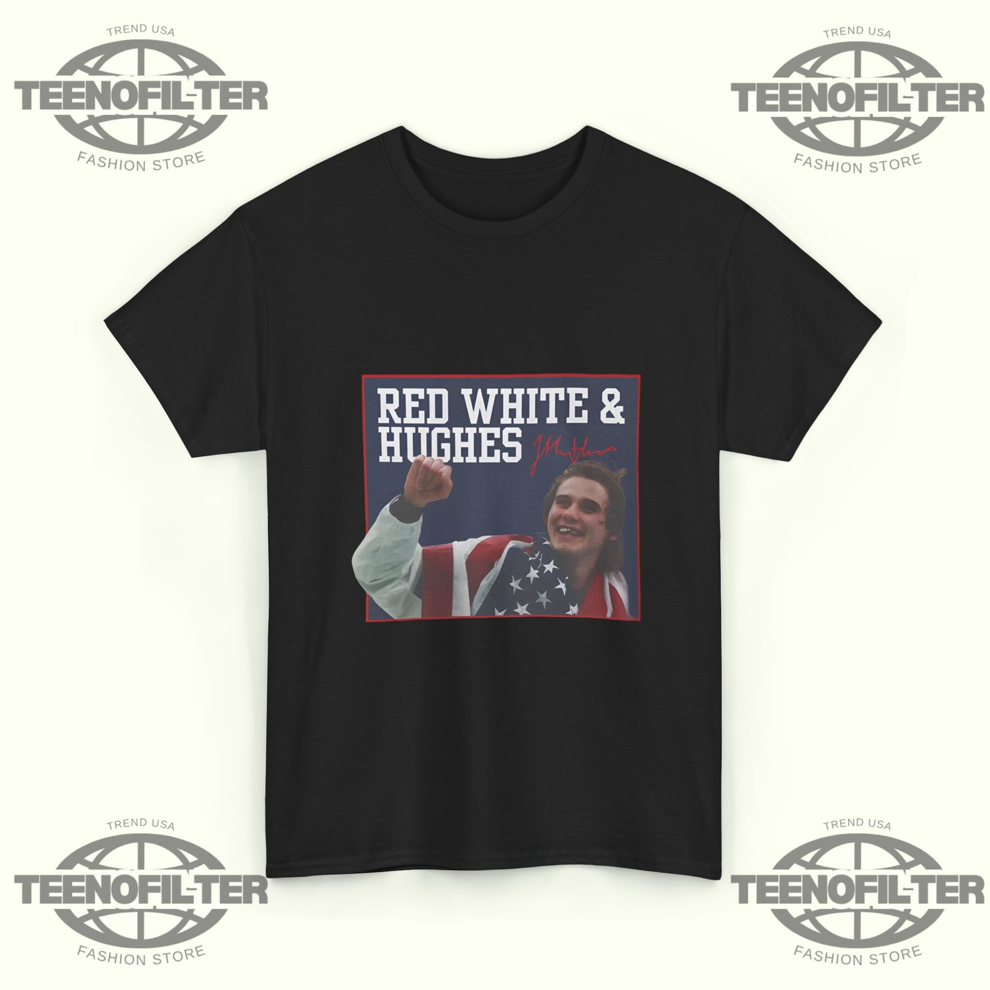 USA Hockey Red, White & Hughes Gold Medal Overtime Hero T-Shirt - Tee No Filter