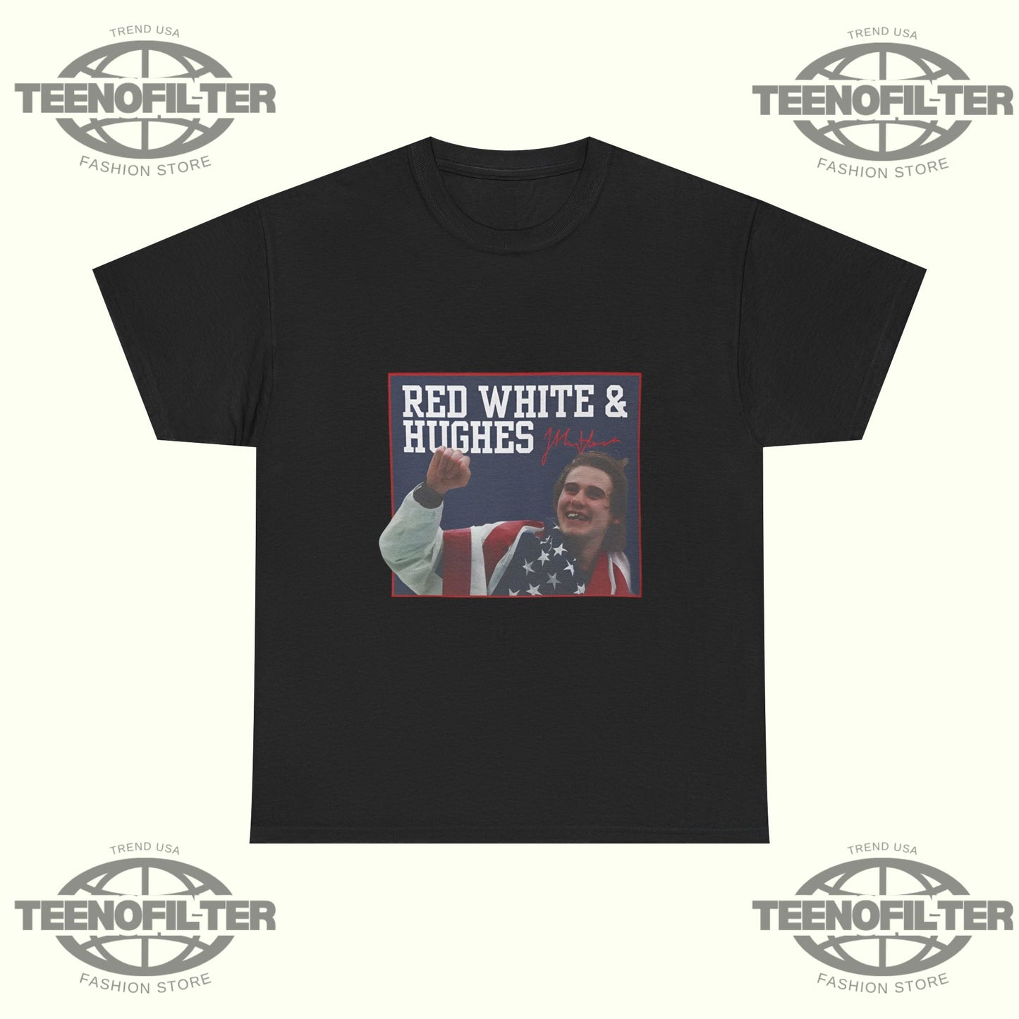 USA Hockey Red, White & Hughes Gold Medal Overtime Hero T-Shirt - Tee No Filter