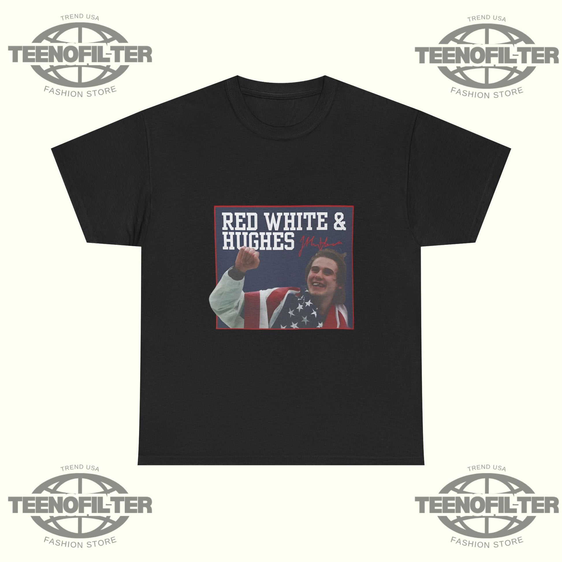 USA Hockey Red, White & Hughes Gold Medal Overtime Hero T-Shirt - Tee No Filter